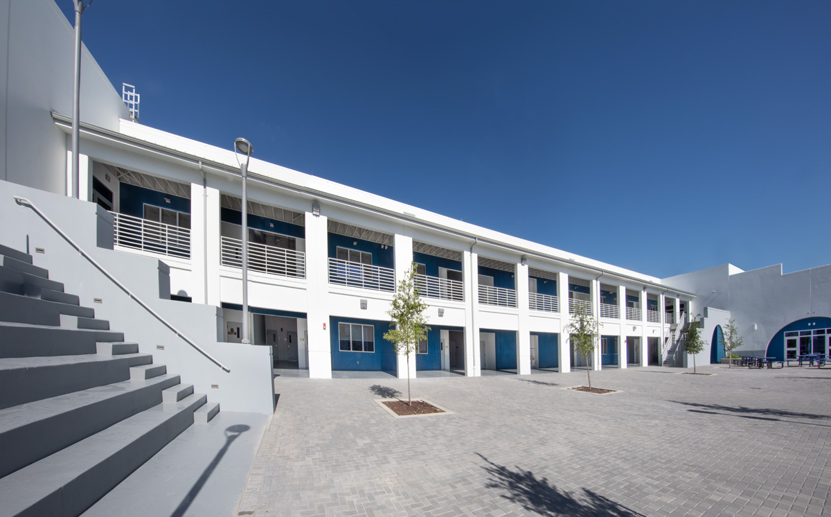 Architectural view of the courtyard at Pinecrest prep charter k-12 school in Miami.